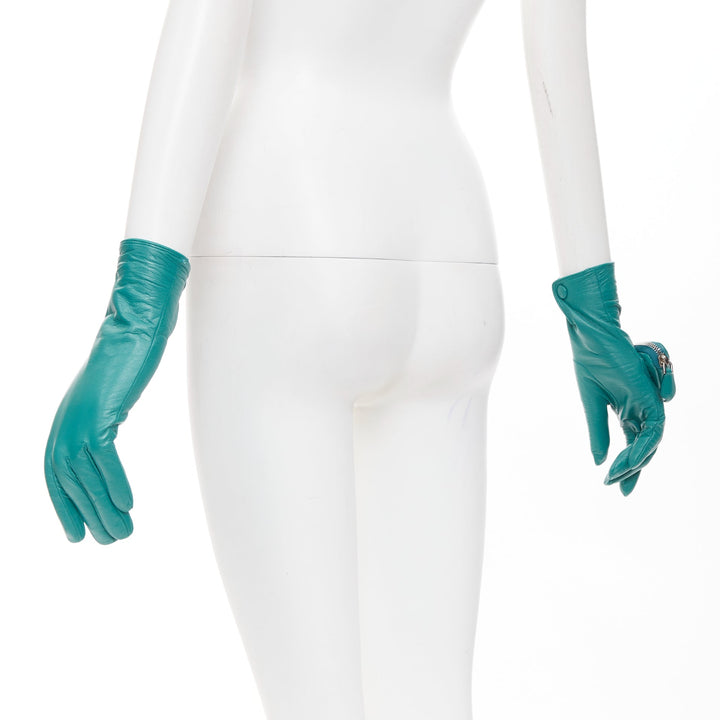 PRADA Raf Simons 2021 Runway teal lambskin leather triangle pouch gloves Sz7