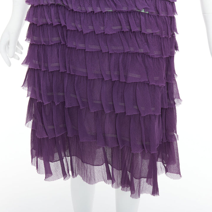 PRADA Vintage 100% silk purple green trim pleated tiered dress IT38 XS