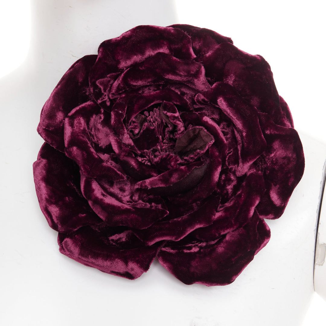 rare SAINT LAURENT 2022 Extra Large Wild Rose flower bordeaux velvet pin brooch