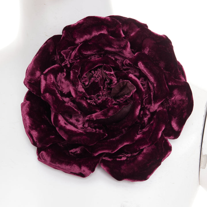 rare SAINT LAURENT 2022 Extra Large Wild Rose flower bordeaux velvet pin brooch