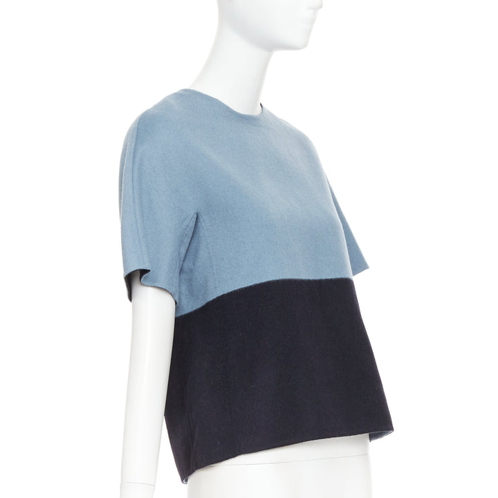 THE ROW bicolor blue black wool cashmere crew neck half sleeve top US0 XS