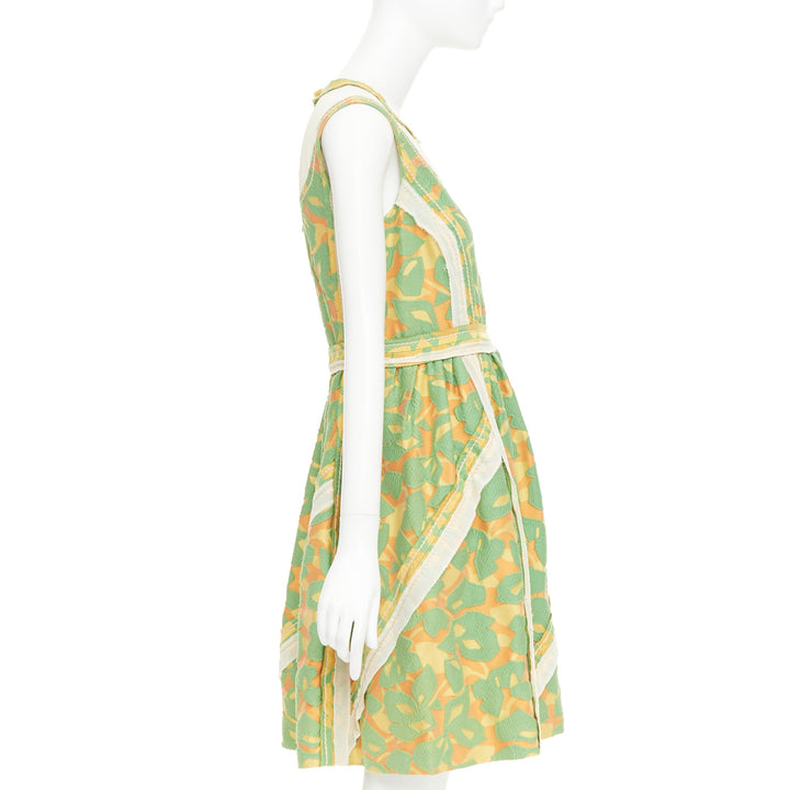 PRADA 2015 Runway green orange raw edge brocade stitch patchwork dress IT40 S