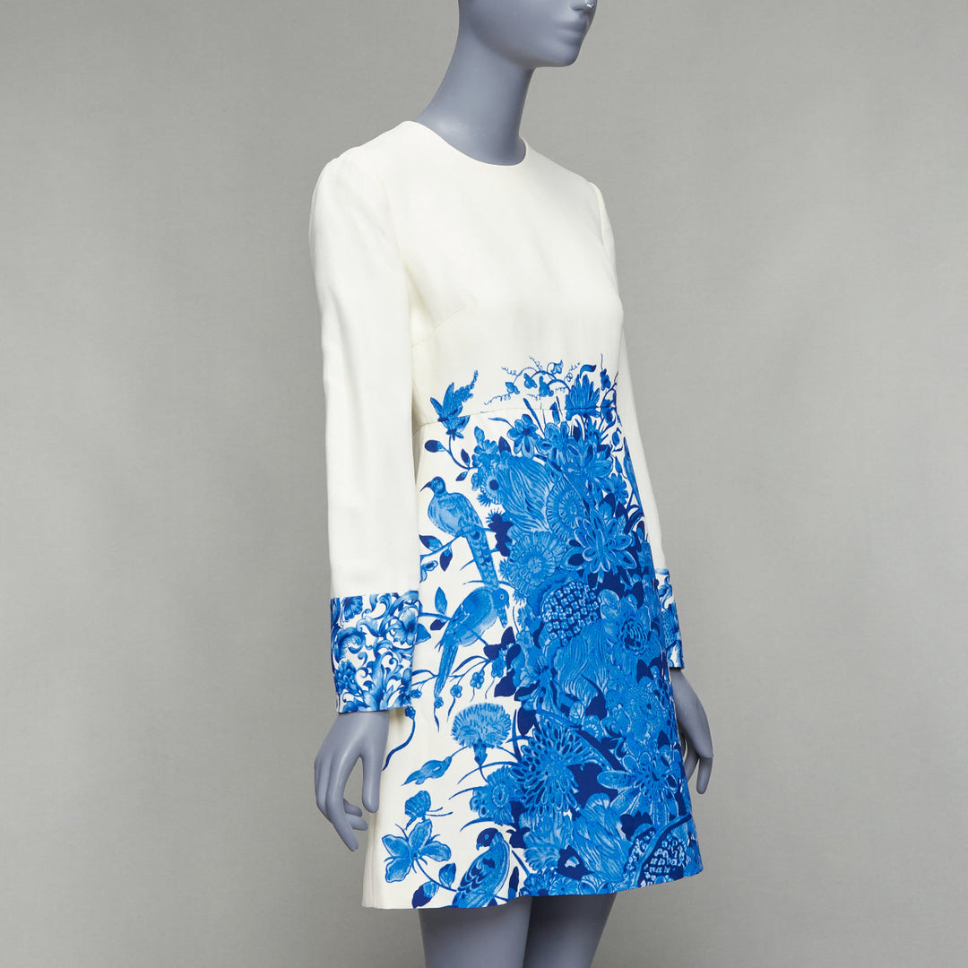 VALENTINO Bluegrace Bouquet cream blue wool crepe floral A-line dress IT40 S
