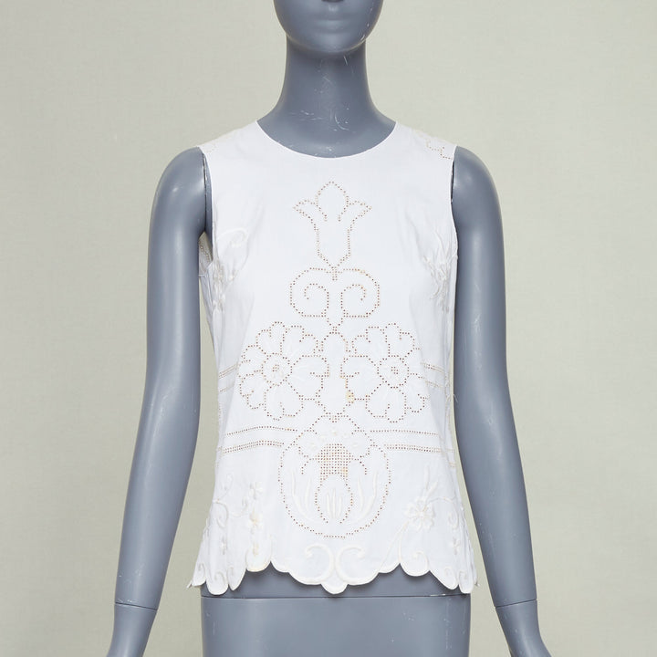 DOLCE GABBANA white cotton floral embroidered openwork scallop tank top IT38 XS