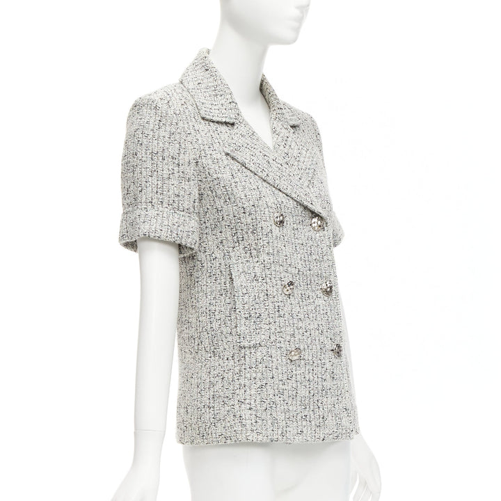 CHANEL 2016 Fantasy Tweed silver CC buttons cuffed sleeves jacket FR36 S