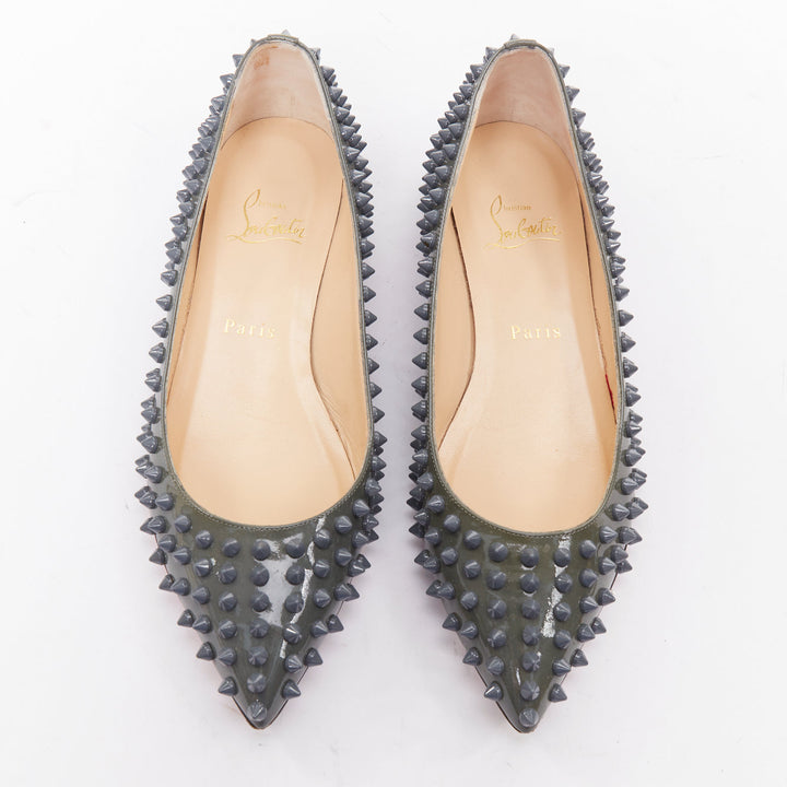 CHRISTIAN LOUBOUTIN Pigalle Spikes Flat grey patent studded ballet flats EU37.5