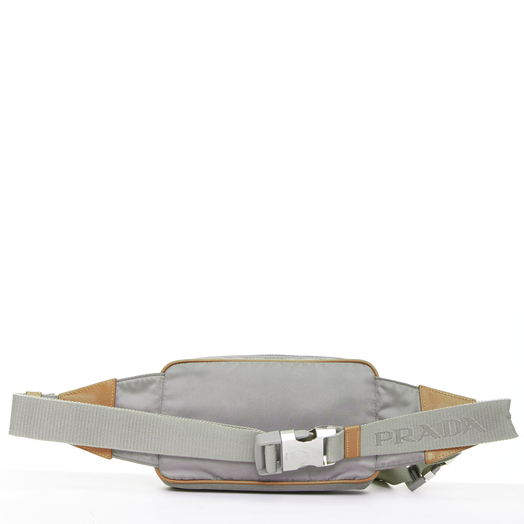 PRADA Tessuto Montagna grey nylon brown leather trim logo belt bag