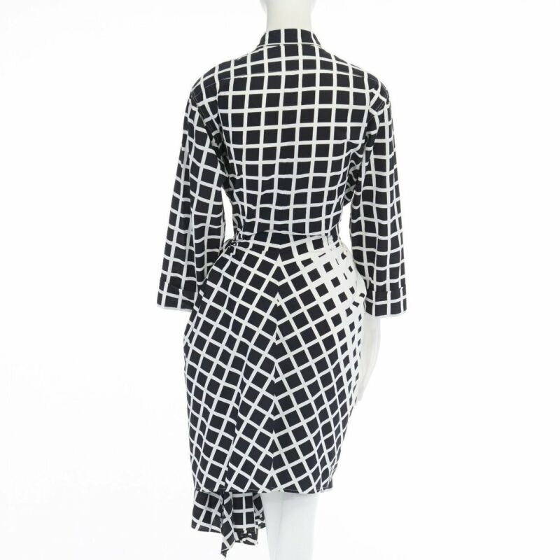 DRIES VAN NOTEN 2009 Runway black white checked wrap bustle knot dress FR36 S