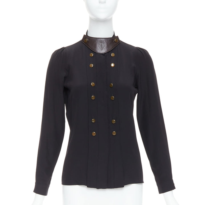 GUCCI 2008 100% silk black leather crest collar double breasted blouse IT38 XS