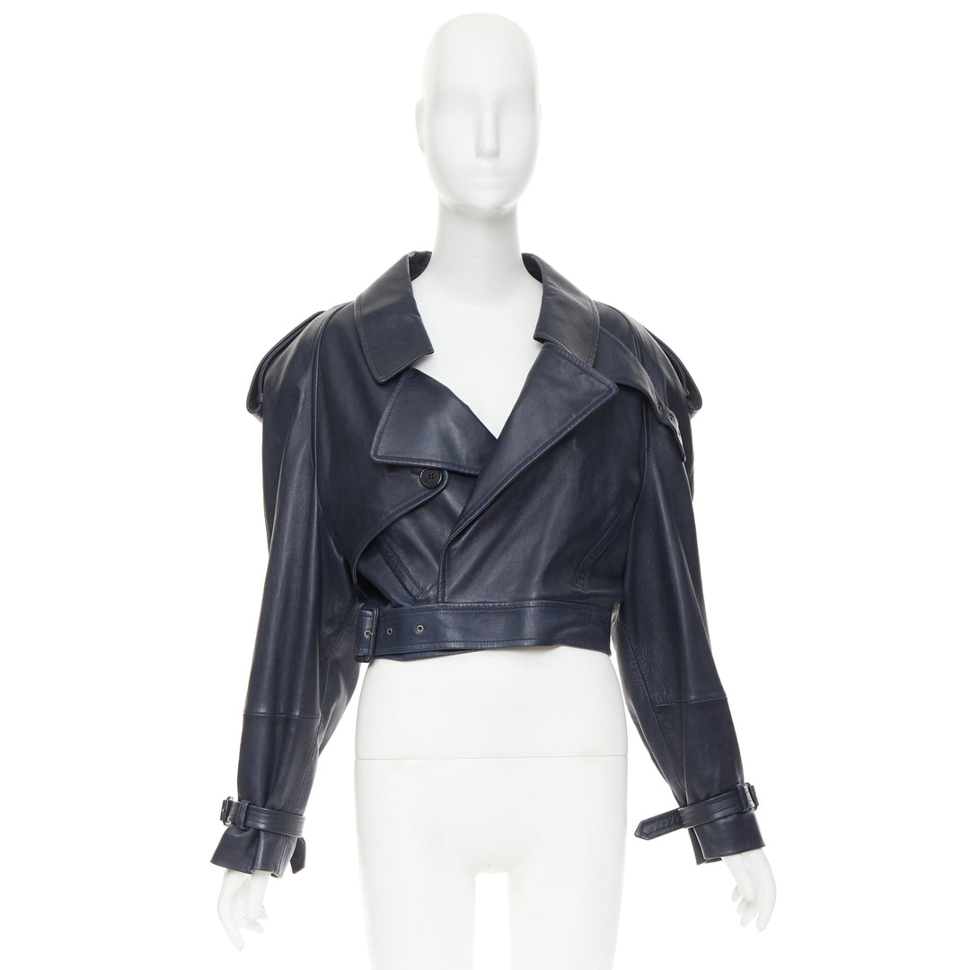 SAINT LAURENT 2023 Runway navy blue lambskin Power belted cropped biker jacket
