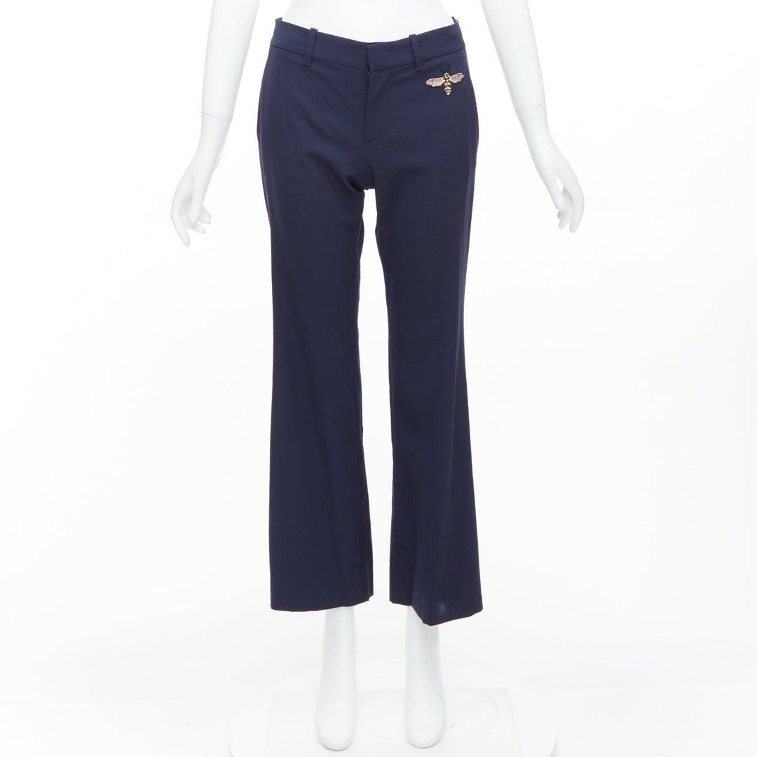 GUCCI Alessandro Michele 2017 navy bee embroidered flared pants IT38 XS