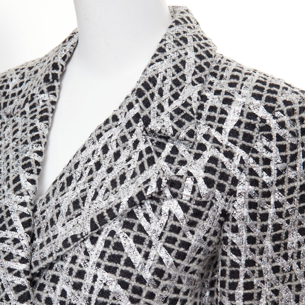 CHANEL 2012 Runway Silver Metallic Graffiti black check tweed jacket FR36 XS