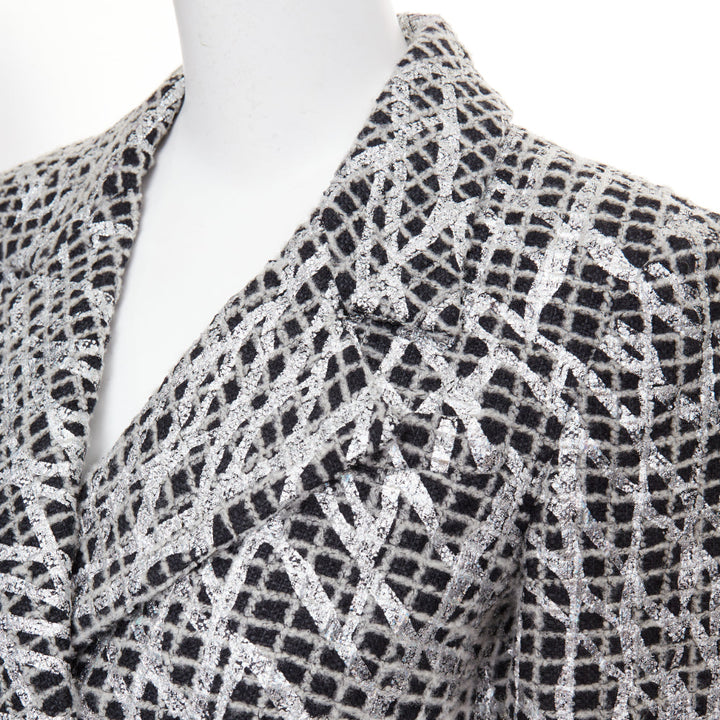 CHANEL 2012 Runway Silver Metallic Graffiti black check tweed jacket FR36 XS