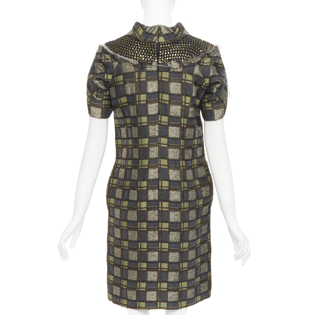 MARNI bronze grey embellished collar checked brocade dress IT36 XXS