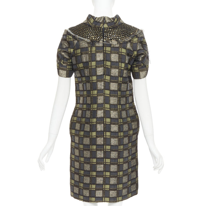 MARNI bronze grey embellished collar checked brocade dress IT36 XXS