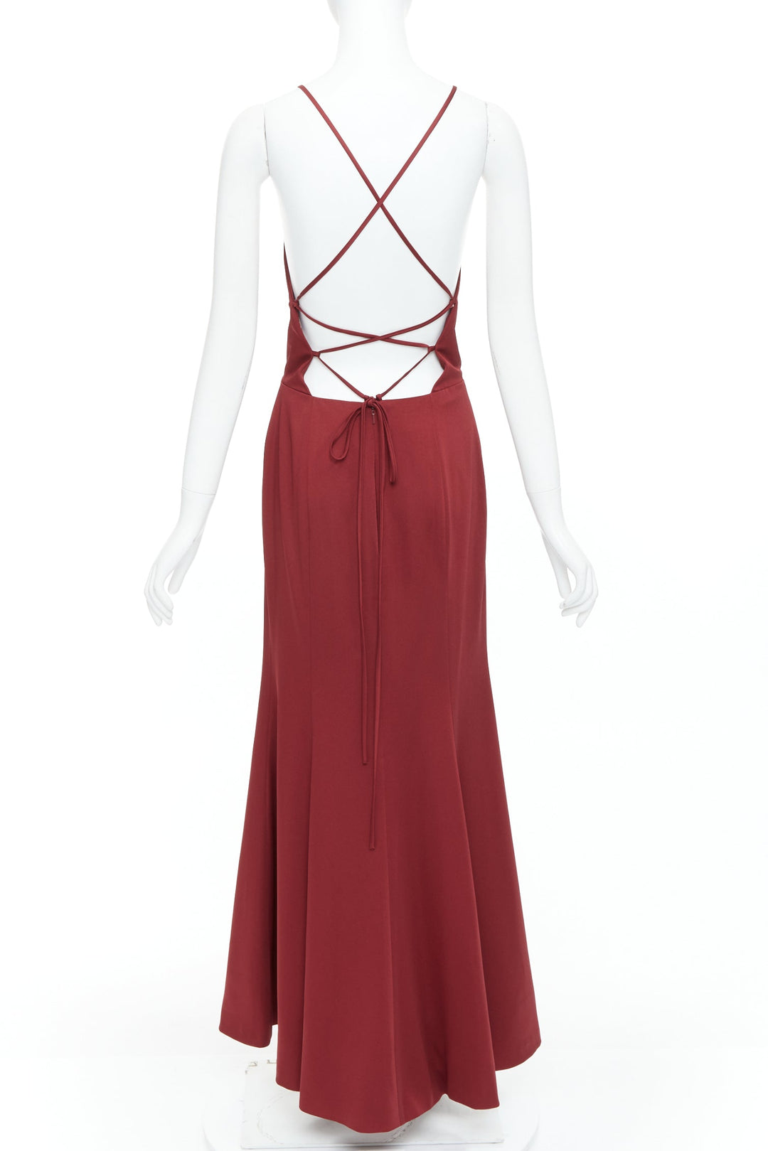 JENNY YOO red satin halter lace up back fit flare long gown US4 S