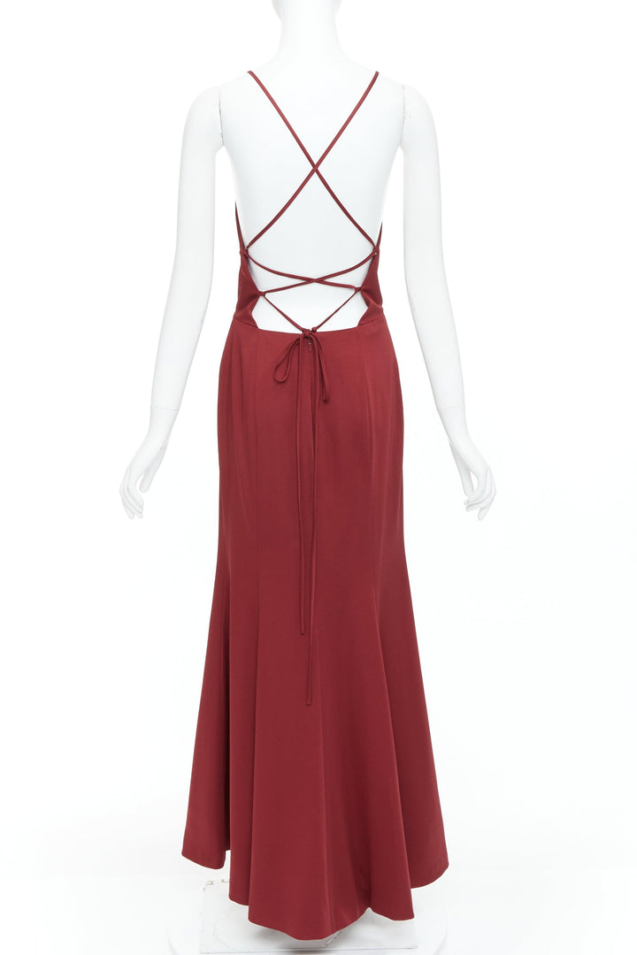 JENNY YOO red satin halter lace up back fit flare long gown US4 S