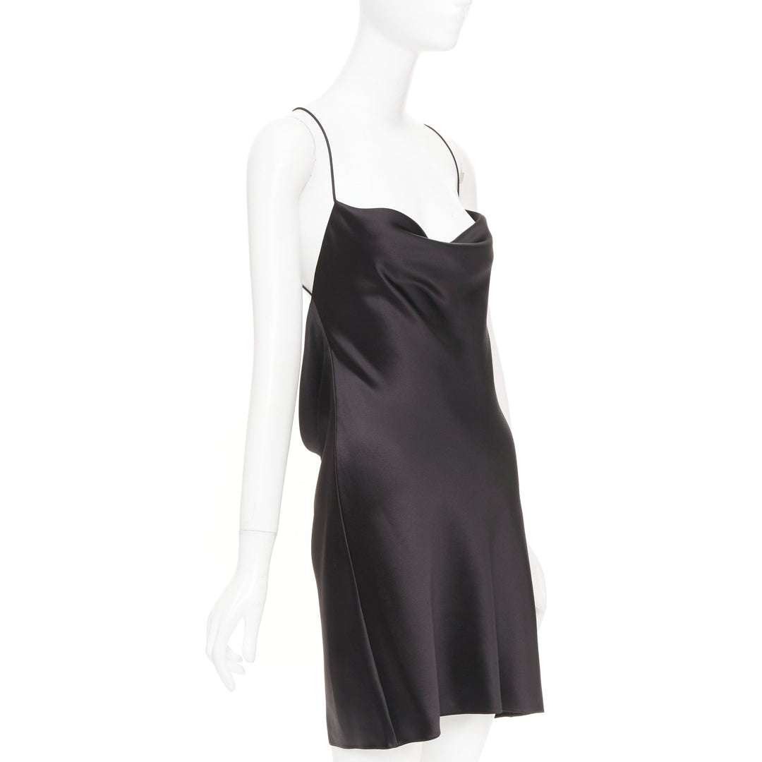 SAINT LAURENT 2022 minimalist black silk cowl neck open back mini dress FR40 L