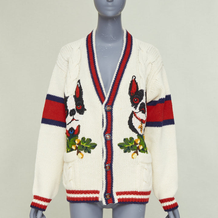 GUCCI 2018 Bosco Orso Year of Dog red cream wool needlepoint knit cardigan XXS