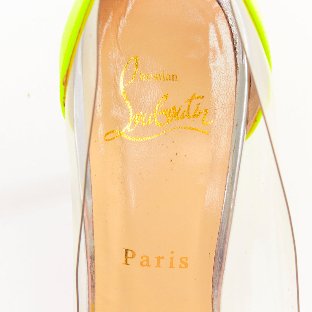 CHRISTIAN LOUBOUTIN Un Bout 100 Fluo Chic yellow patent PVC pointy pumps EU37