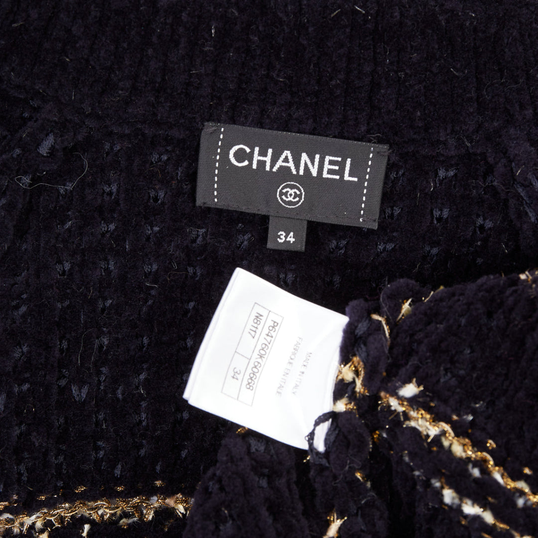 CHANEL 20A Runway navy gold wool blend tweed striped knit cardigan coat FR34 XS