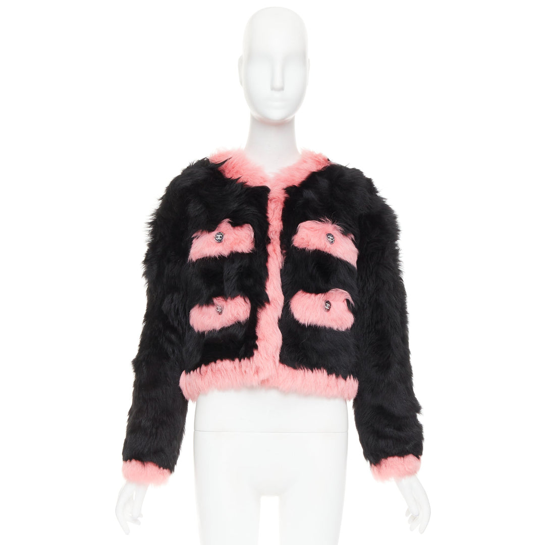 rare CHANEL 21K black pink shearling fur CC crystal button 4 pocket jacket FR36