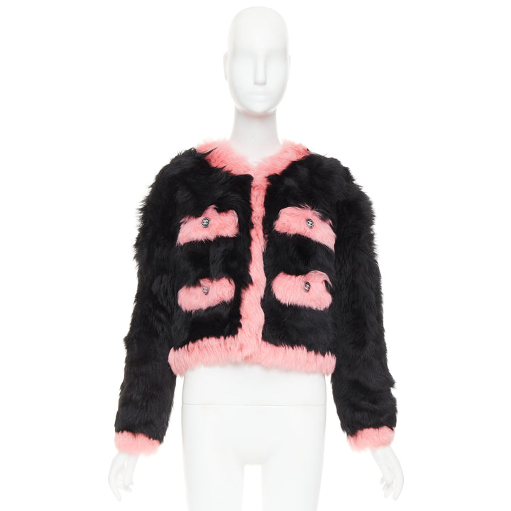 rare CHANEL 21K black pink shearling fur CC crystal button 4 pocket jacket FR36