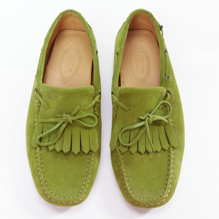 TOD'S moss green suede leather fringe tongue dot sole driving loafer UK7 EU41