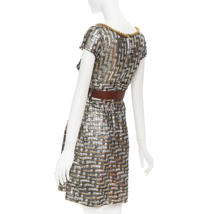 DOLCE GABBANA metallic gold silver check jacquard gold chain belt dress IT38 XS