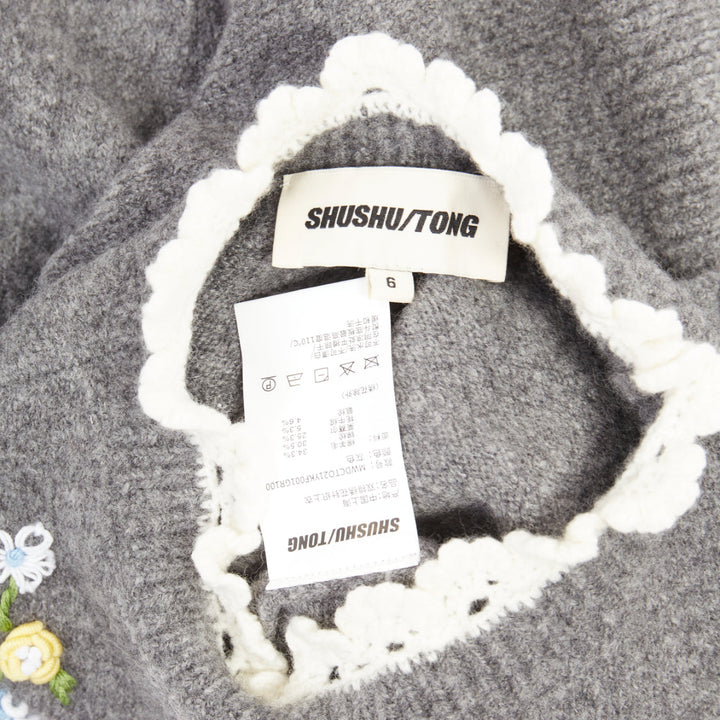 SHUSHU TONG 2024 grey wool embroidered florals lace trim cropped sweater UK6 XS
