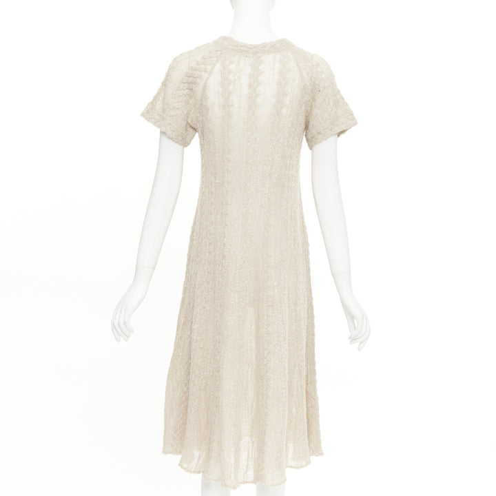CHANEL cream beige alpaca blend textured knit CC short sleeve midi dress FR38 M
