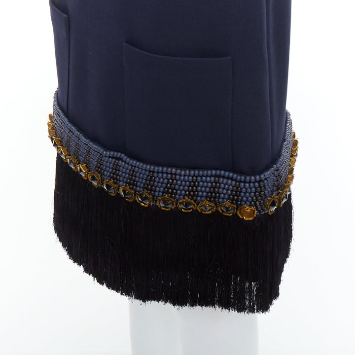 MARNI navy bead black crystal fringe embellished hem knee skirt IT38 XS