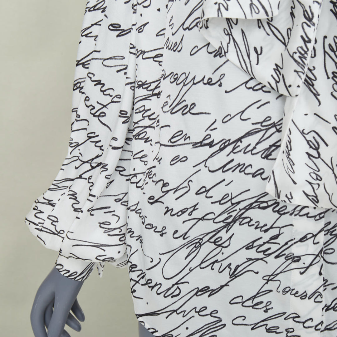 BALMAIN 2025 Love Letter Print pussybow tie neck white black blouse FR34 XS
