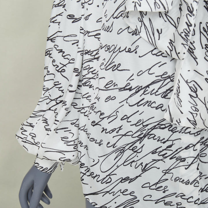 BALMAIN 2025 Love Letter Print pussybow tie neck white black blouse FR34 XS