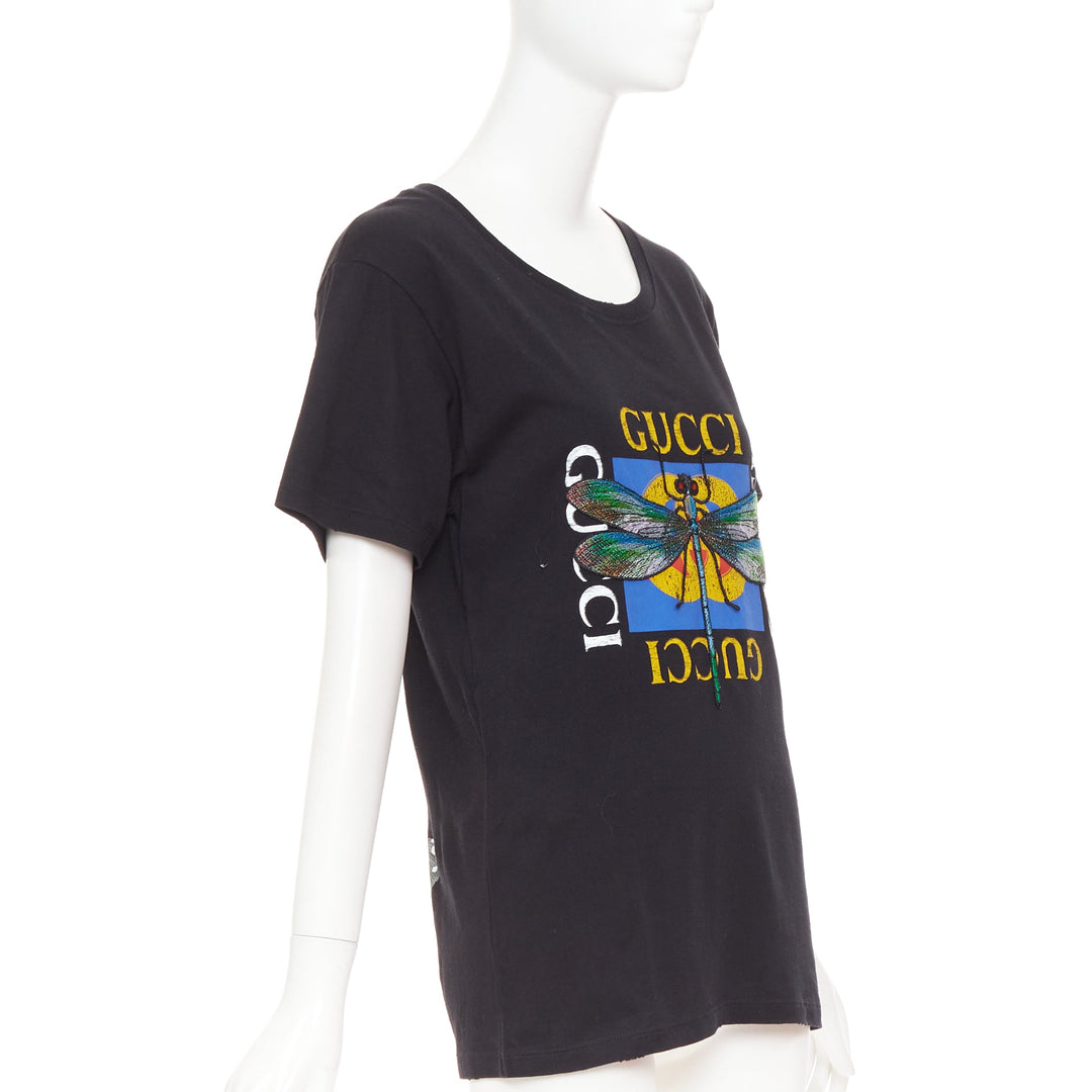 GUCCI 2018 black cotton vintage logo embroidered dragonfly jersey tshirt XS