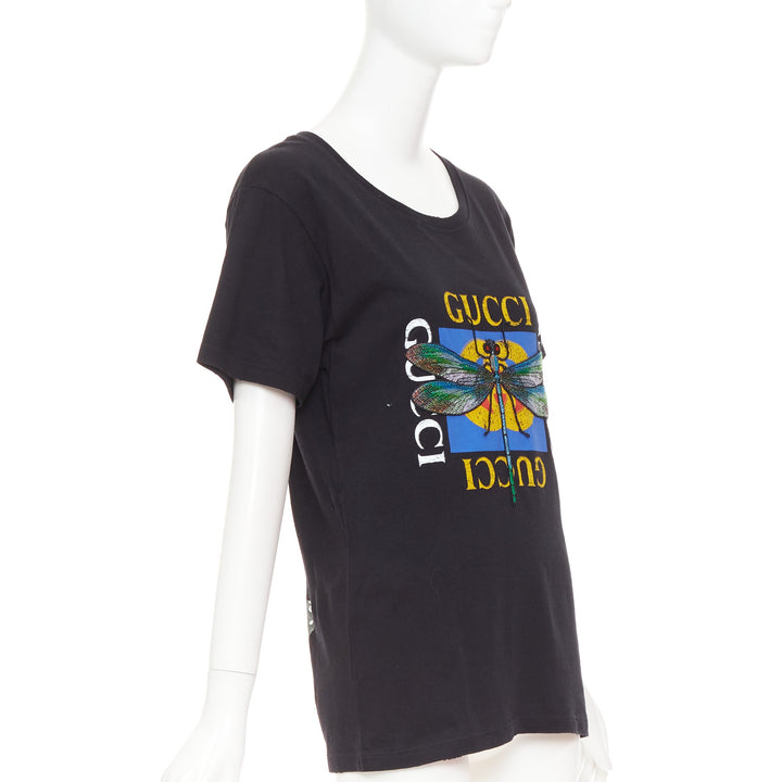 GUCCI 2018 black cotton vintage logo embroidered dragonfly jersey tshirt XS