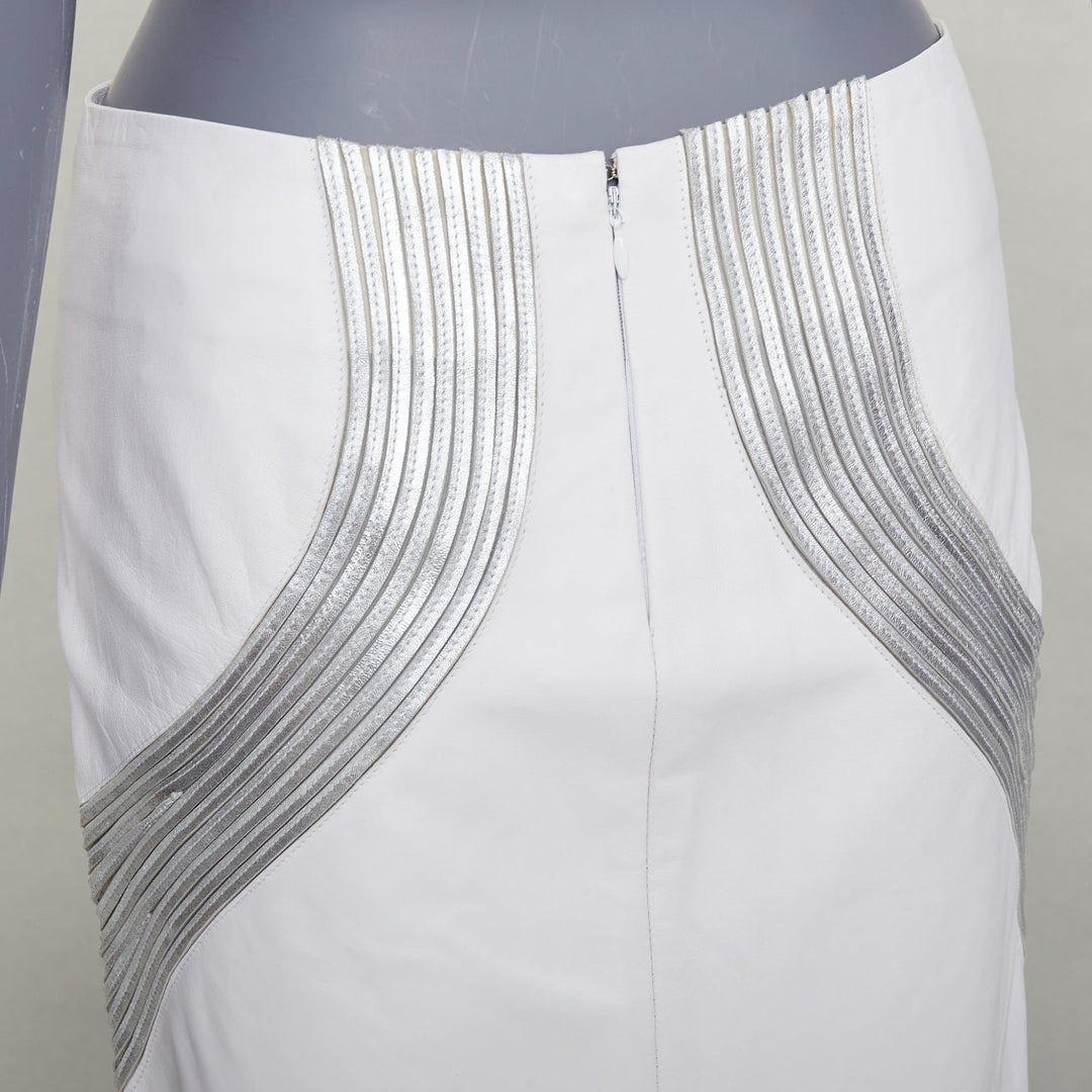 JEAN CLAUDE JITROIS white  leather silver silk applique pencil skirt IT36 XXS