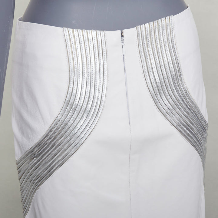 JEAN CLAUDE JITROIS white  leather silver silk applique pencil skirt IT36 XXS