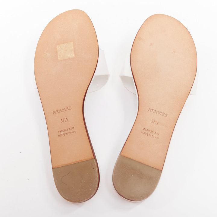 HERMES Lisboa Chaine d'Ancre white leather cut out flat sandal slippers EU37.5