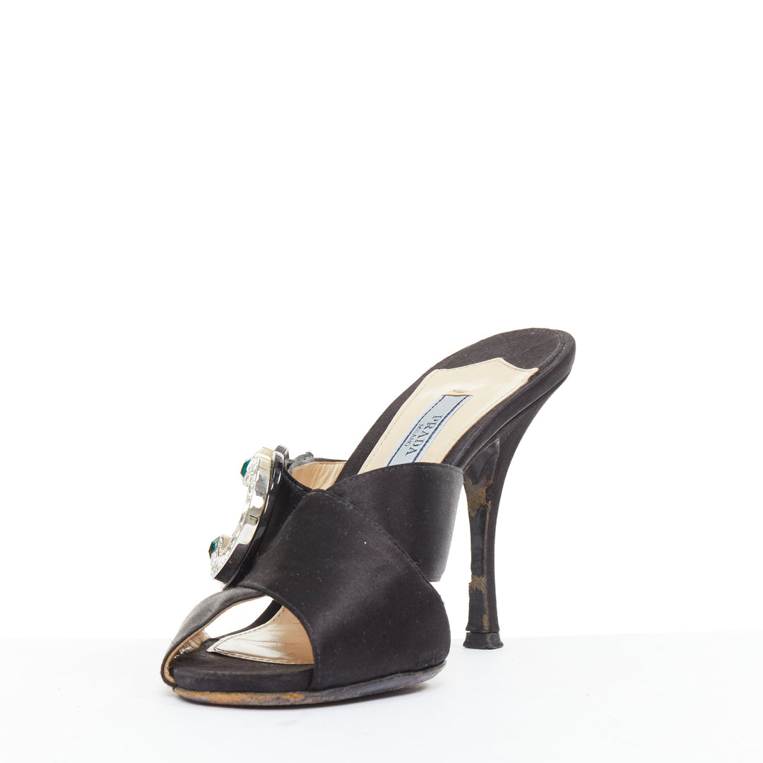 PRADA black satin green clear crystal buckle open toes muled sandals EU36.5