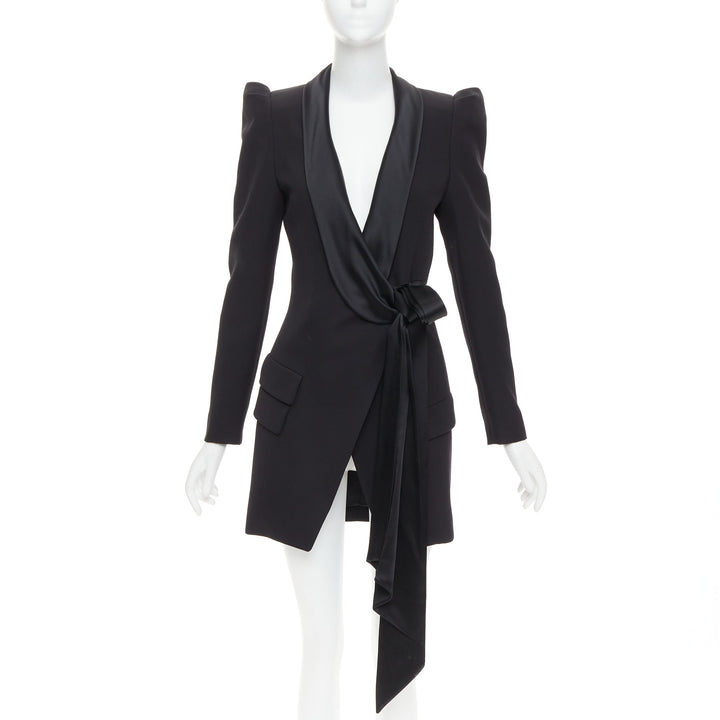 ALEXANDRE VAUTHIER puff sleeve belted tuxedo plunge self tie mini dress FR34 XS