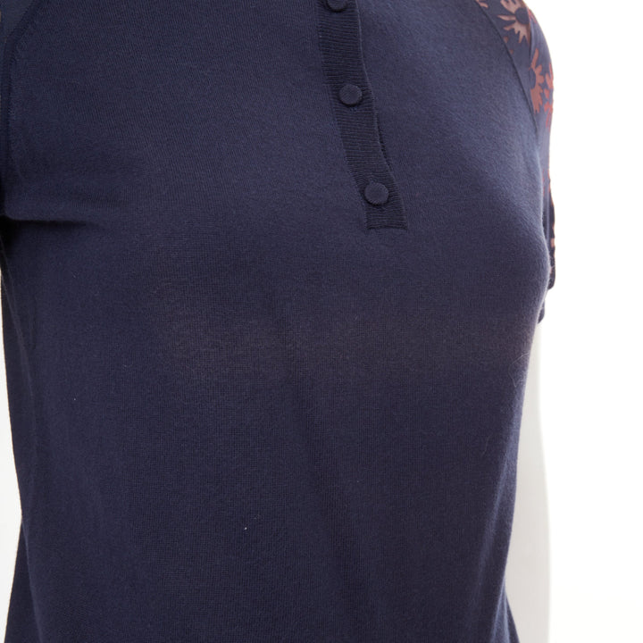 NINA RICCI navy viscose cotton sheer floral sleeve henley pullover sweater S