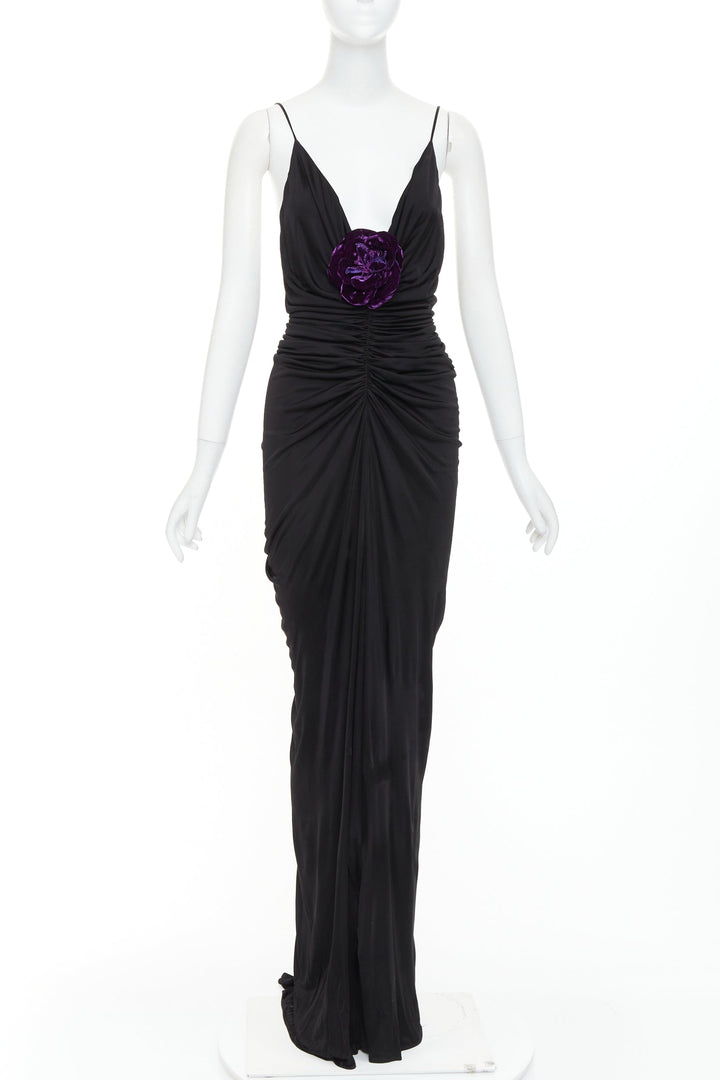 rare SAINT LAURENT 2022 Runway purple Wild Rose applique ruched plunge gown XS