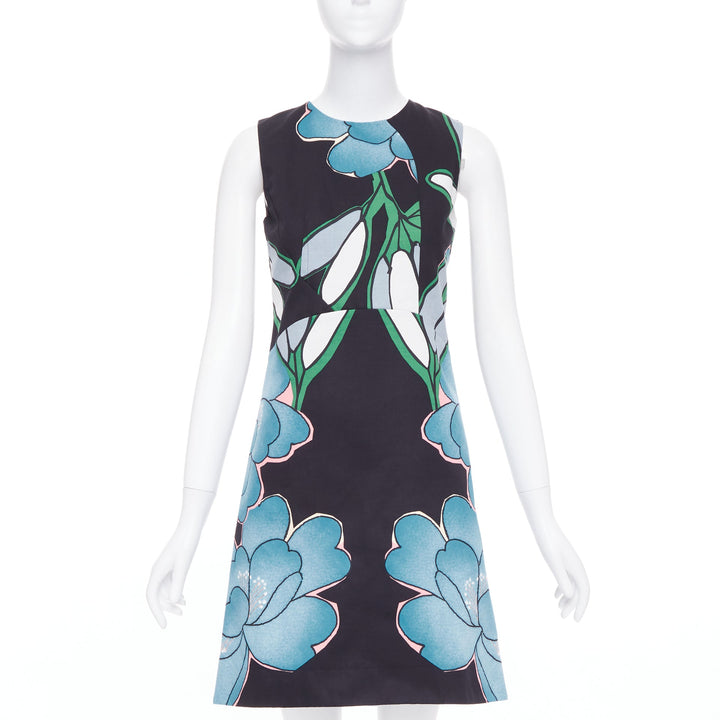 MARNI blue black cotton linen large flower print shift dress IT38 XS