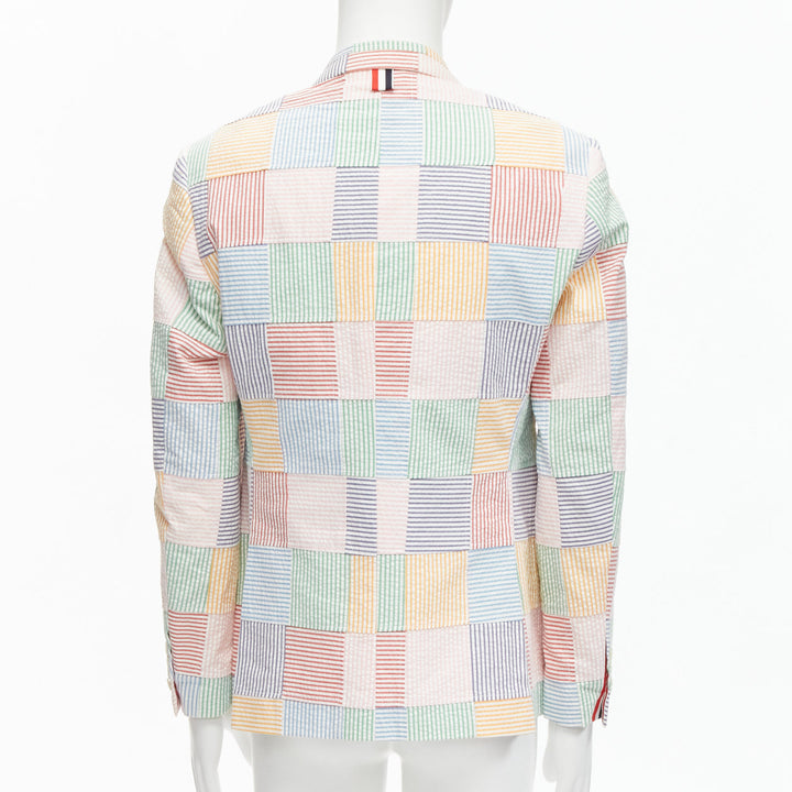 THOM BROWNE colourful stripes patchwork seersucker 2 button blazer jacket Sz 2 M