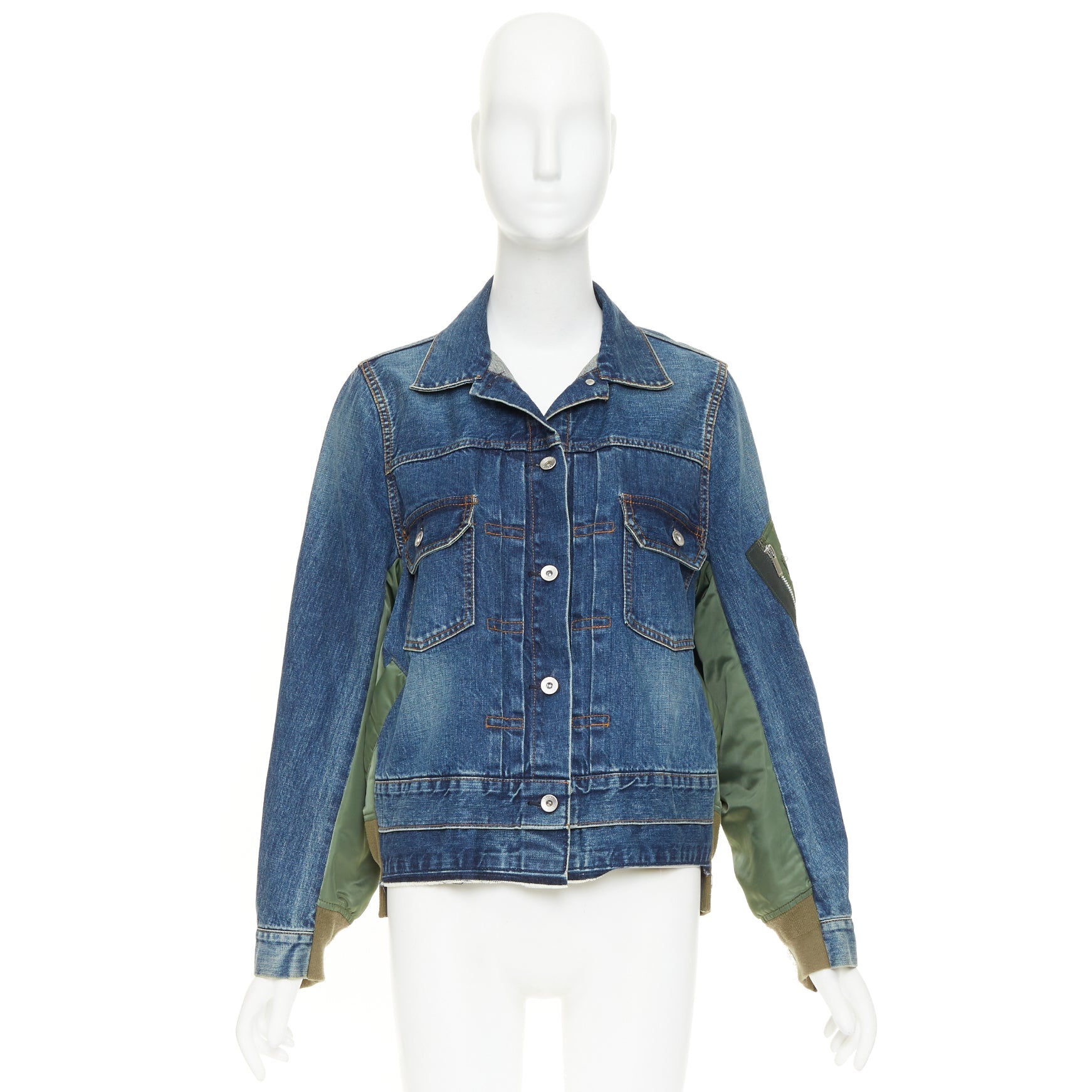 SACAI 2021 blue denim green nylon twill reconstructed hybrid MA-1