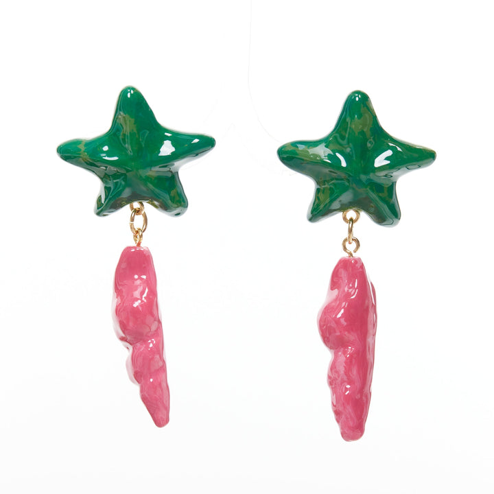 SAINT LAURENT green star pink seashell glazed resin gold brass clip earring Pair