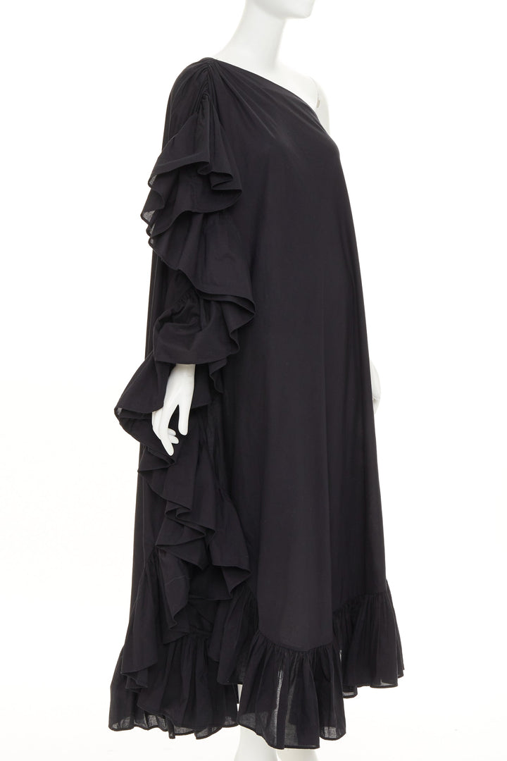 KALITA Evanthie black asymmetric one shoulder ruffled cotton dress S