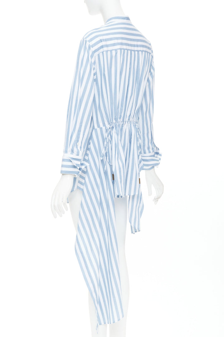 MONSE blue white striped cotton asymmetric hem draped dress shirt US0 XS