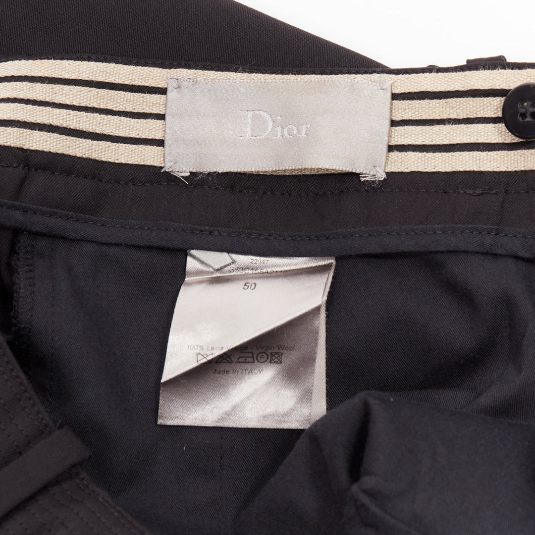 DIOR HOMME black virgin wool flap pockets butt darted flare trousers FR50 L